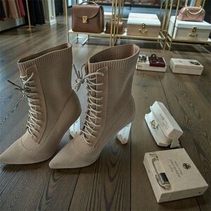 Elegant Taupe Lace-Up Heeled Boots
